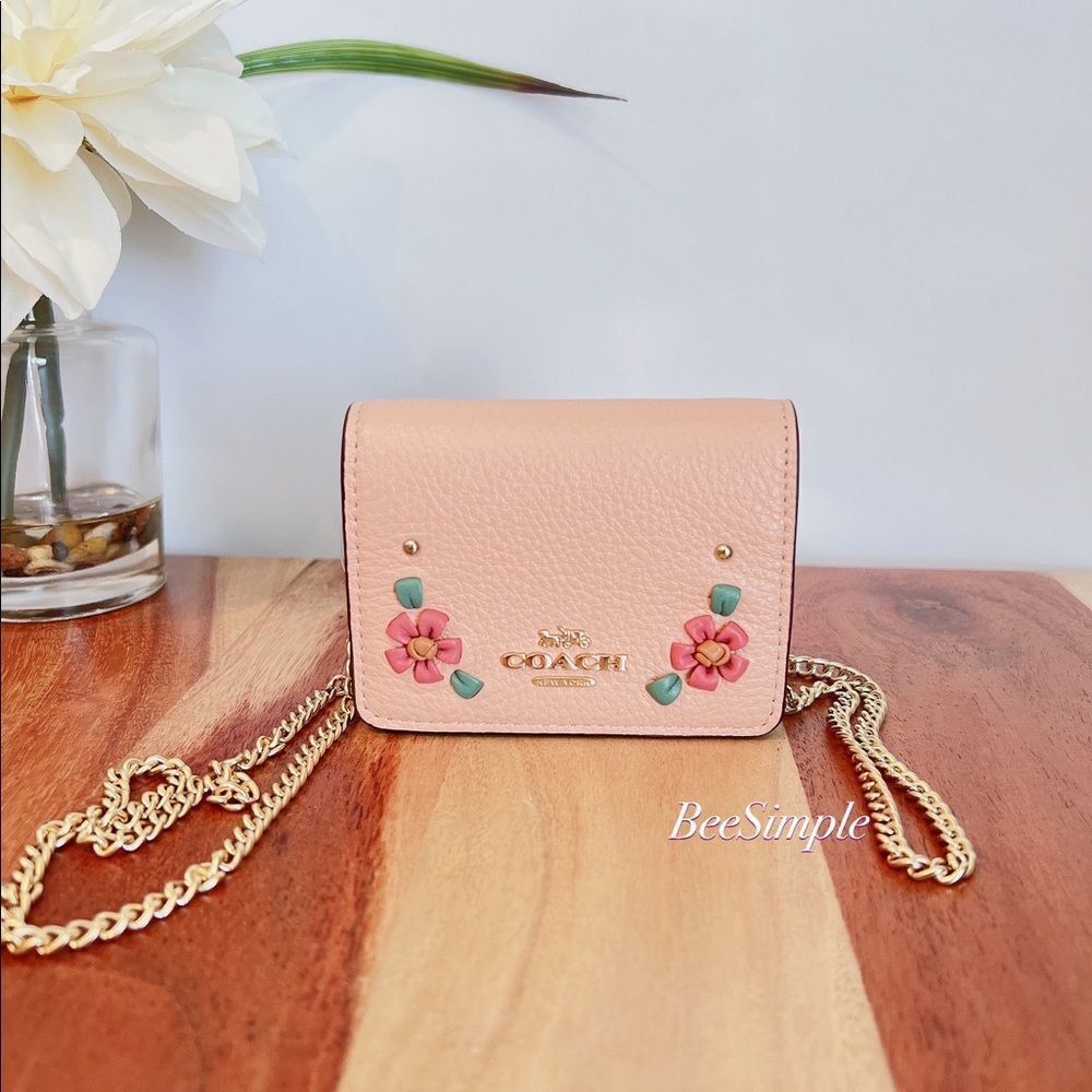 NWT Coach Mini Wallet On A Chain With Floral Whipstitch